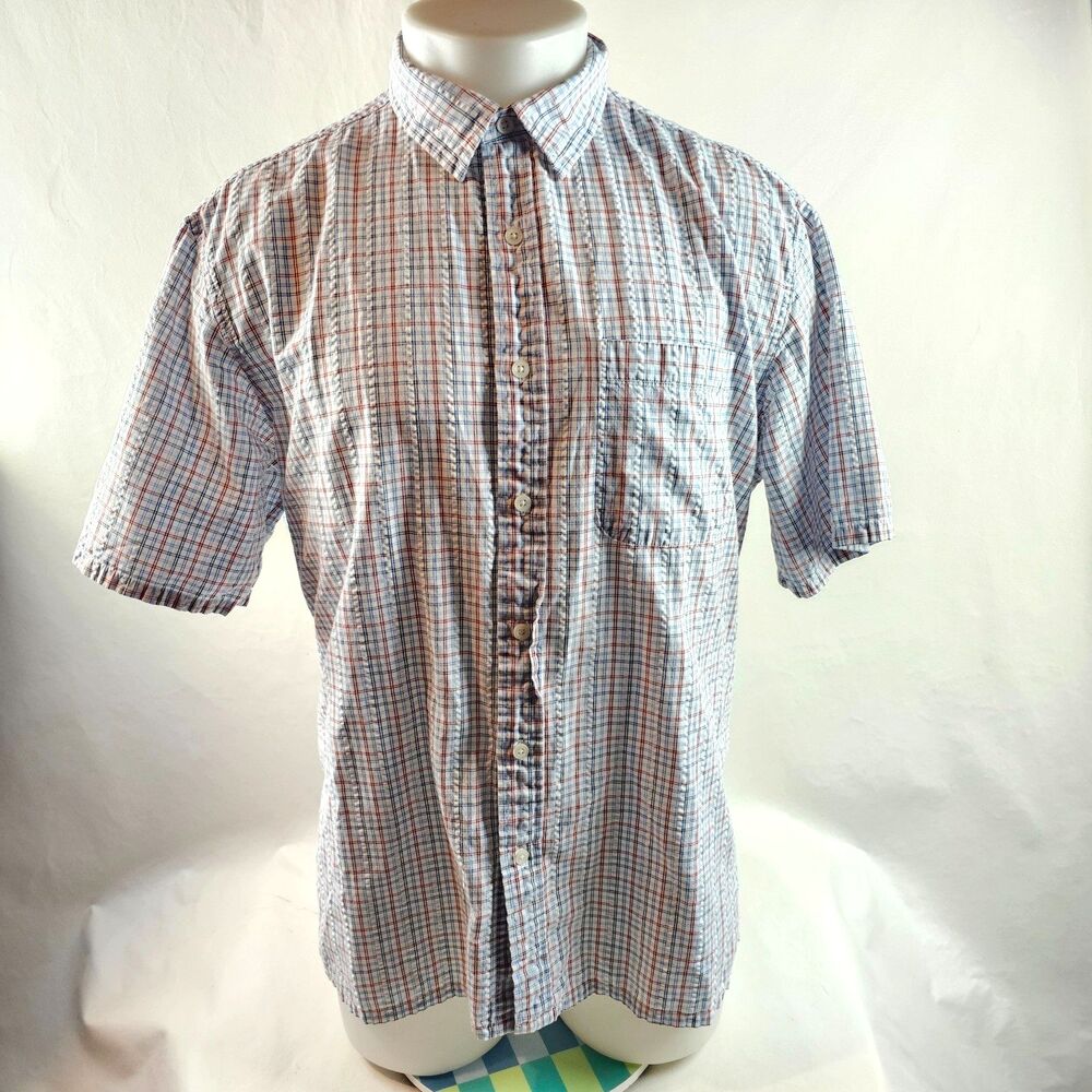 LL Bean Shirt Men Large Blue Red Button Up Seersucker Plaid Casual Preppy Summer